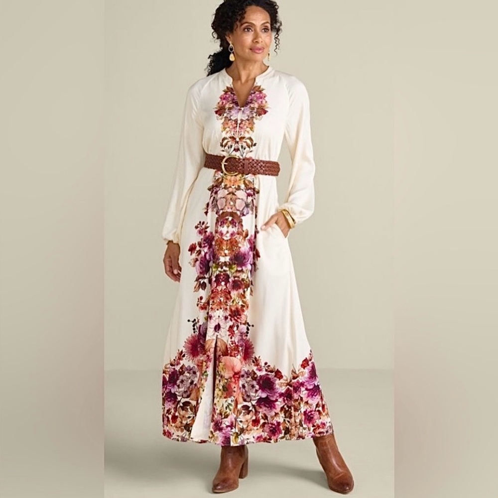 Soft Surroundings Paulette Floral Long Sleeve Button Down V-neck Maxi Dress L